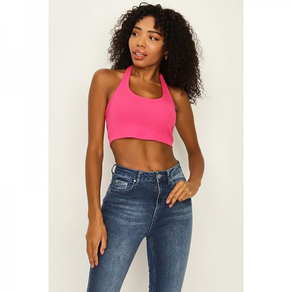 VIVID PINK HALTER NECK CROP VEST