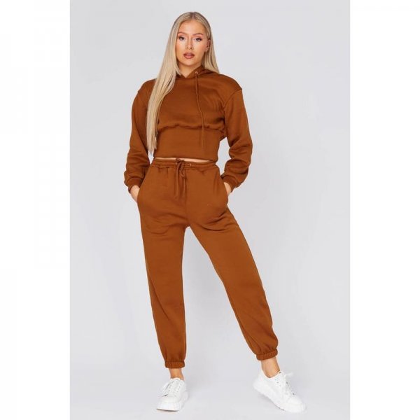 Brown Basic Cropped Hoodie And Joggers Set