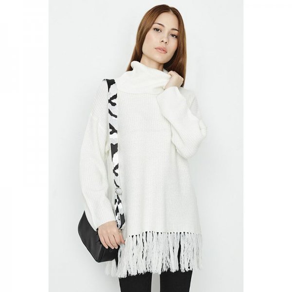 Winter White Roll Neck Fringe Hem Jumper