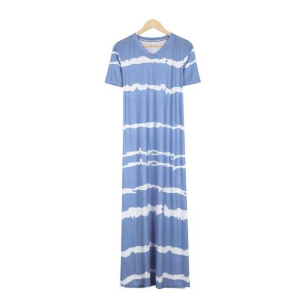 Modest Blue V-Neck Short Sleeve Printed Maxi Dress