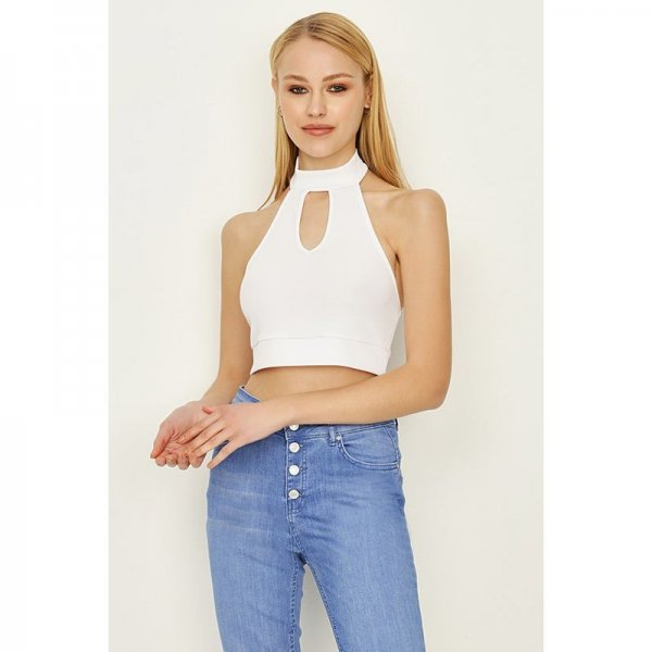 Optic White Halter Neck Keyhole Crop Top