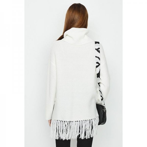 Winter White Roll Neck Fringe Hem Jumper