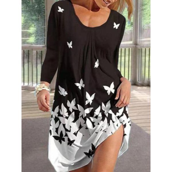 Popular Round Neck Print Long Sleeve Mini Dress