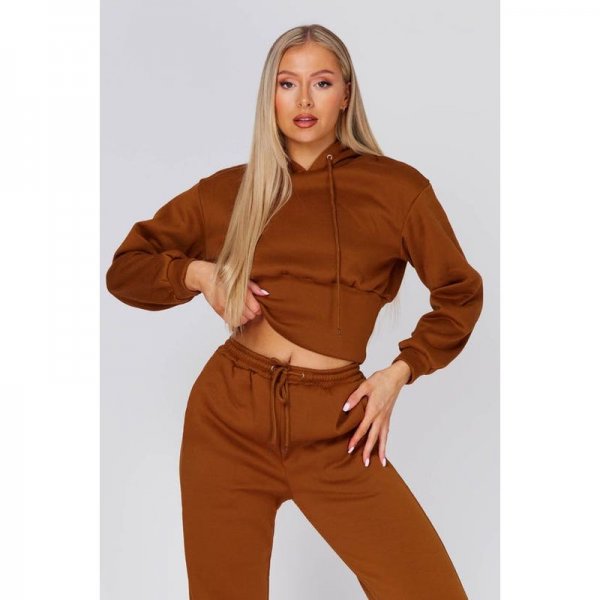 Brown Basic Cropped Hoodie And Joggers Set